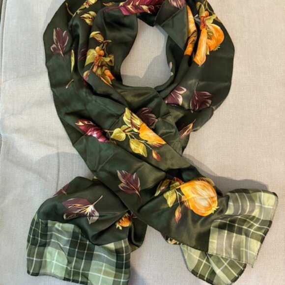 Luxe Ann Taylor Silk Scarf with Pears Leaves Forest Green - Picture 1 of 7